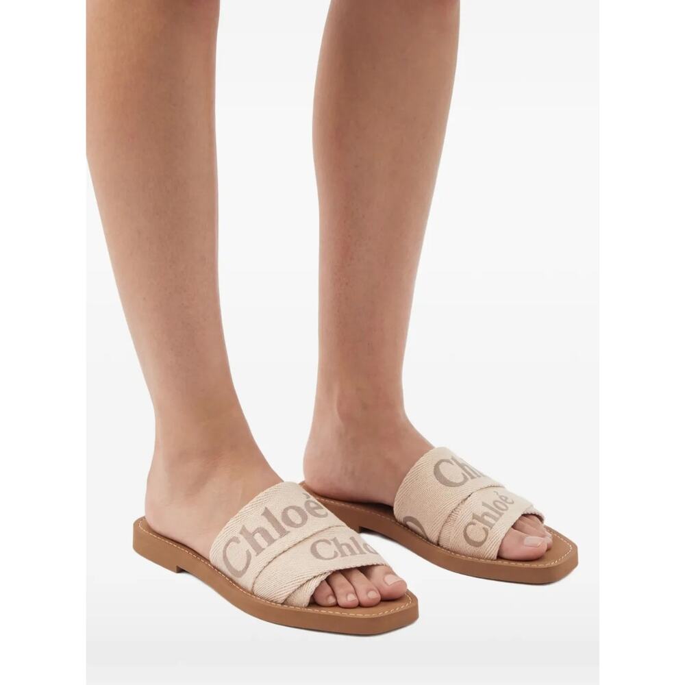 Chloe Woody Blushy Beige Logo Strap Slides Mules Sandals Size 40